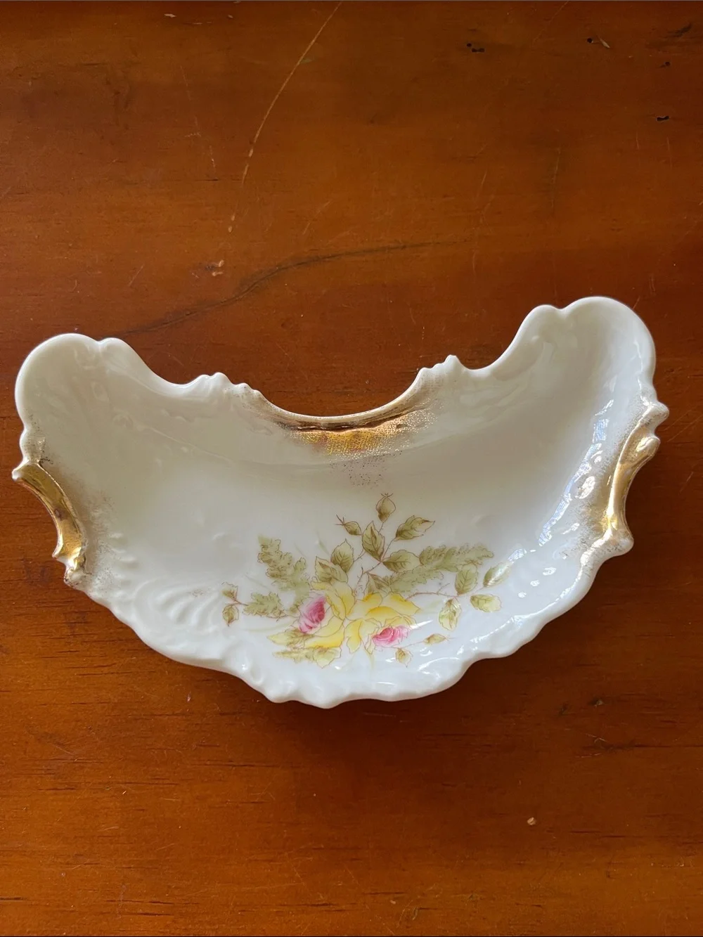 Vtg White Porcelain Bone Dish Pink Rose Motif Gold Trim Trinket Tray Unmarked